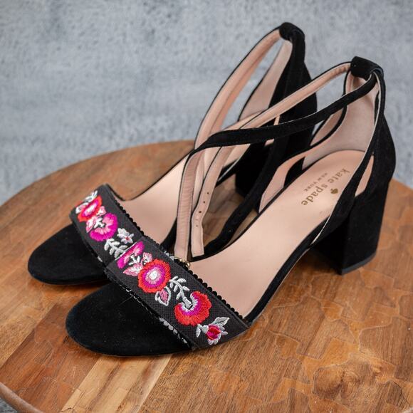 Kate Spade Watson Suede and Cotton Embroidered Black Heels Womens Size 9.5 M - Picture 3 of 6